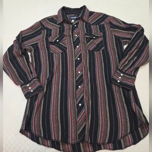 Wrangler Striped Flannel Size XL Tall Long Black Red Pearl Snap Long Sleeve
